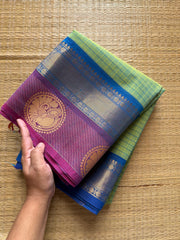 RF329 Dual tone turquoise green shade Kattam / checks pattern Kanchi cotton saree with contrast zari & thread woven border