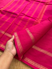 RF177 Monotone Pink Kanchi cotton saree with Korvai Vaira Oosi thread vertical lines pattern with vintage Rettapet Zari border