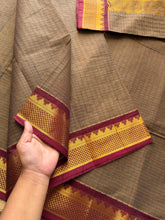 RF349 Grey with contrast small maroon zari small Thazhampoo border Kanchi cotton saree with rich Zari woven Pallu