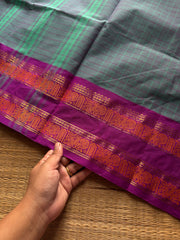RF1249 Vintage Kattam ~ Greyish ice blue Premium Kanchi Cotton Saree with Minimal Zari & checks pattern