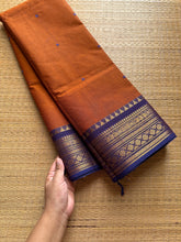 Orange with royal blue combination Kanchi cotton saree with handmade thread buttas