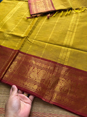 RF554 Mustard yellow Kanchi cotton saree with Annam and elephant pattern contrast border