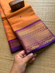 RF88 Dual tone orange shade with contrast Purple border kanchi cotton saree with Handmade Thread Buttas