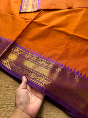 RF711 Orange with purple ~ Medium Size Border Kanchi Cotton Saree