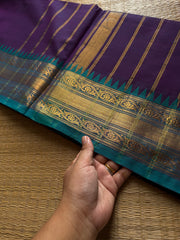 RF709 Purple with teal blue shade ~ Medium Size Border Kanchi Cotton Saree
