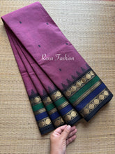 Dual tone grape shade l Kanchi Cotton Saree With Contrast & unique multi color border with small Thazhampoo pattern
