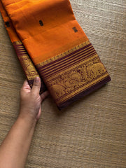 RF1127 Orange shade ~ Kanchi Cotton Saree with handmade thread buttas