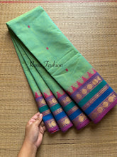 Dual tone Apple Green Shade Kanchi Cotton Saree With Contrast & unique multi color border with small Thazhampoo pattern