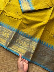 RF385 Yellow with sky blue combination Kanchi cotton saree with checks pattern and handmade thread buttas