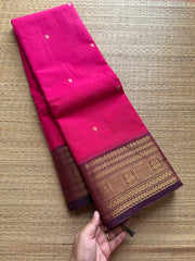 RF500 Rani pink with purple border combination Kanchi cotton saree with handmade thread buttas