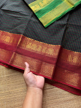 RF460 Black shade kanchi cotton saree with green and maroon combination Ganga Jamuna border with checks / Kattam pattern