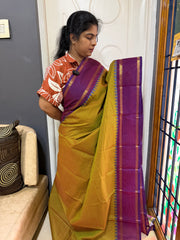 RF537 Dual tone methi green shade vintage border Podikattam Kanchi cotton saree