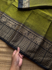 RF1212 Green with black ~ Mercerised Narayanpet soft cotton saree with elephant & Annam pattern border