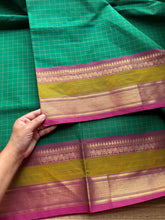 RF64 Green checks pattern with rich Zari woven Pallu Kanchi cotton saree