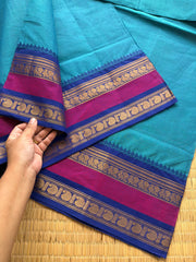 RF147 Peacock blue shade with royal blue and magenta pink combination kanchi cotton saree with Rettapet border
