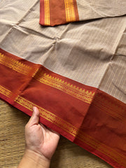 RF509 Beige with rust orange combination Kanchi cotton saree with vintage gap border and fully Vairaoosi pattern