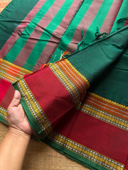 RF486 Bottle green with maroon combination vintage style gap border mercerised Narayanpet cotton saree