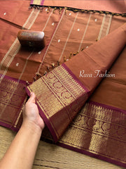 RF81 Dark Honey Shade With Contrast Maroon Annam Pattern Zari Border Kanchi Cotton Saree With Handmade Zari Buttas
