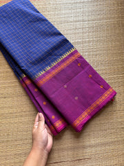 Blue with light purple combination Vintage Border Kanchi Cotton Saree With kattam / checks pattern & handwoven Buttas on the border