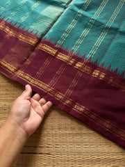 RF1295 Vintage Podi Kattam Kanchi Cotton Saree ~ Teal blue with brown