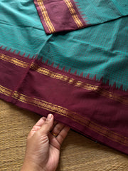RF1295 Vintage Podi Kattam Kanchi Cotton Saree ~ Teal blue with brown