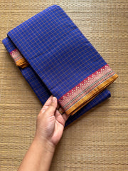 RF520 Royal blue shade Mercerised Narayanpet cotton saree with contrast small border and checks / kattam pattern