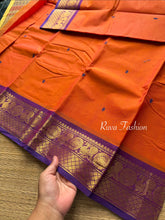 RF53 Dual tone Orange Kanchi Cotton Saree with contrast purple shade Annam border With Handmade Thread Buttas