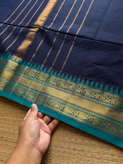 RF707 Navy blue with teal blue ~ Medium Size Border Kanchi Cotton Saree