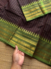 RF1344 Brown with green Kanchi cotton saree with vertical stripped pattern