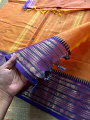RF387 Dual tone mango shade and contrast violet border Kanchi cotton saree with handmade thread buttas