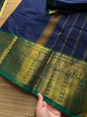 RF760 Navy blue with green combination Kanchi cotton saree with elephant & Annam pattern