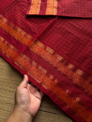 RF983 The Reddish Maroon Kattam Edition: Kanchi Cotton Saree with Minimal Zari & checks pattern