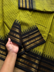 RF926 Green with black combination Kanchi cotton saree with vertical stripes pattern