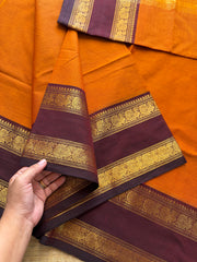 RF244 Orange with brown combination silk saree inspired Kanchi cotton Rettapet border saree with Annam pattern