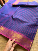Royal blue shade with contrast small maroon zari small border Kanchi cotton saree with rich Zari woven Pallu