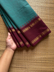 RF1295 Vintage Podi Kattam Kanchi Cotton Saree ~ Teal blue with brown