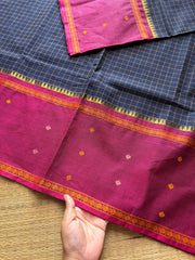 Navy blue shade Vintage Border Kanchi Cotton Saree With kattam / checks pattern & handwoven Buttas on the border