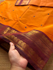 RF371 Orange with contrast maroon combination mango and floral pattern border Kanchi cotton saree with handmade Buttas