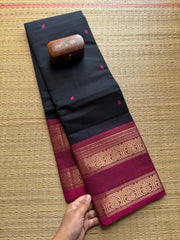 Black With Pink Retta Patta Kanchi Cotton Saree With Handmade Thread Buttas