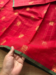 RF354 Red & Green Combination Premium Kanchi cotton saree with golden Zari checks pattern & Annam Buttas and intricate Zari woven Pallu