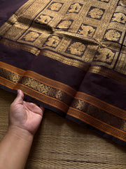 RF827 Premium Rich Pallu Kanchi Cotton Saree ~ Deep Coffee Brown with floral, Annam & Yazhi pattern Zari woven