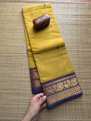 Lemon Yellow With Violet Shade Kanchi Cotton Saree With Handmade Thread Buttas