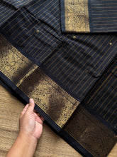 RF1151 Premium Vanasingaram Border Kanchi Cotton Saree with handmade golden Zari buttas and vertical stripped lines ~ Black