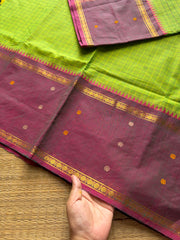 Dual tone Green shade Vintage Border Kanchi Cotton Saree With kattam / checks pattern & handwoven Buttas on the border