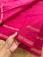 RF177 Monotone Pink Kanchi cotton saree with Korvai Vaira Oosi thread vertical lines pattern with vintage Rettapet Zari border