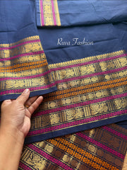 RF104 Dark Navy Blue Shade Kanchi Cotton Saree With Unique Varisaipet Border