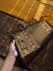 RF1191 Mustard with black ~ Long / Big border Kanchi cotton saree