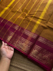 RF1030 Mustard shade Kanchi cotton saree with Podikattam / checks pattern