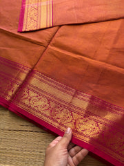 RF327 Dual tone orange shade Kanchi cotton saree with unique Yazhi pattern contrast border