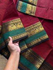 RF1017 Maroon with green ~ Silk Saree Inspired Kanchi Cotton Saree